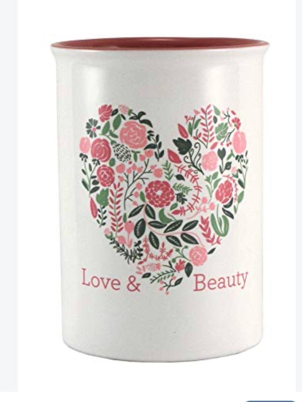 #3183**Love & Beauty Floral Heart Ceramic Utensil Holder in Pink and Green